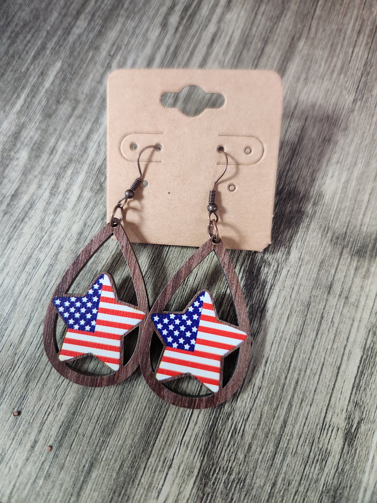 RWB Stars & Stripes Wood Teardrop Earrings JN53