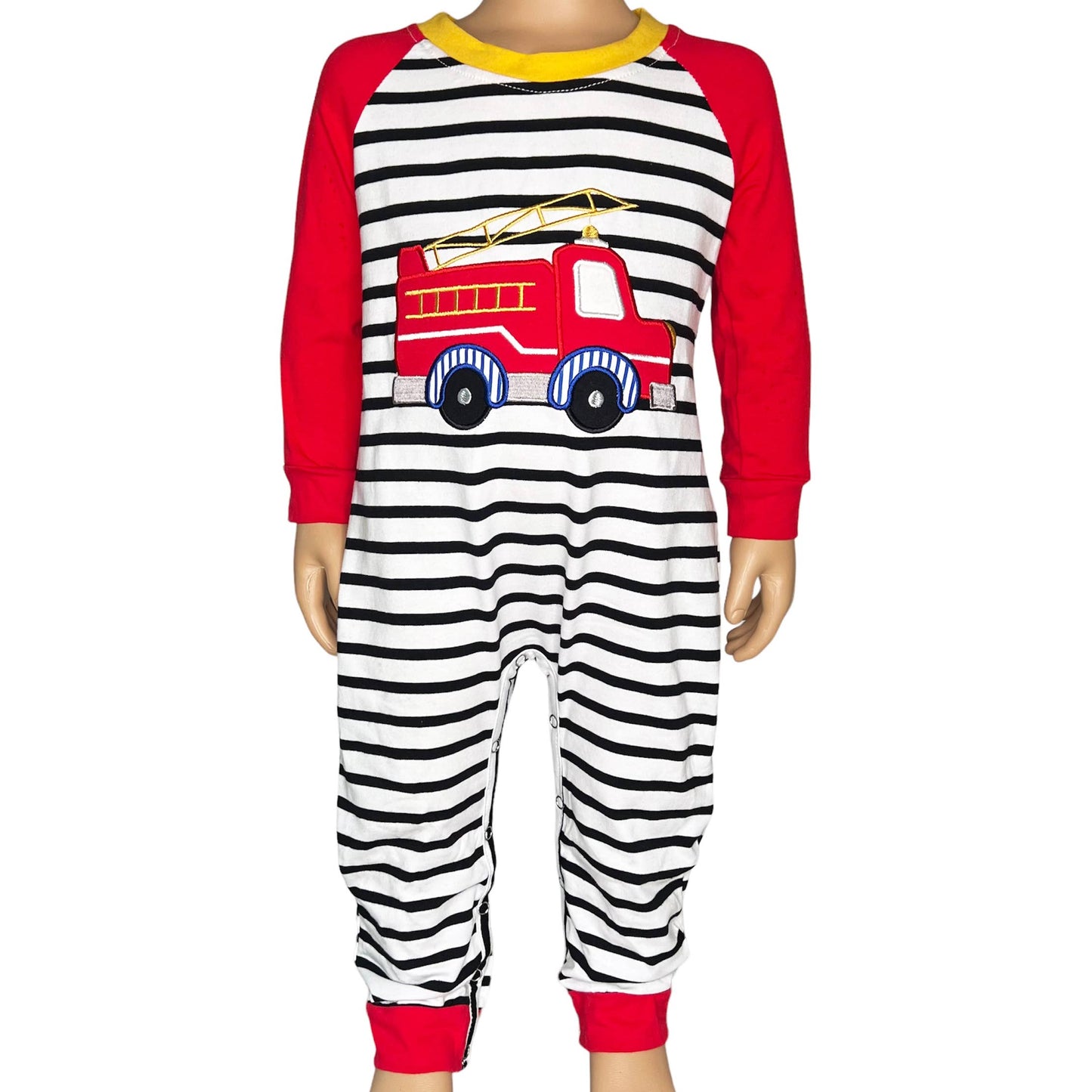 K102 Boys Red Firetruck Long sleep Striped Romper