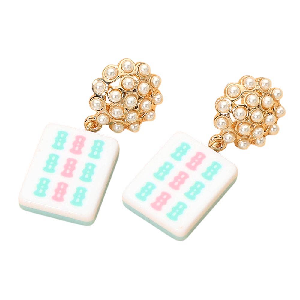 Pearl Floral Mahjong Tile Charm Drop Dangle Earrings