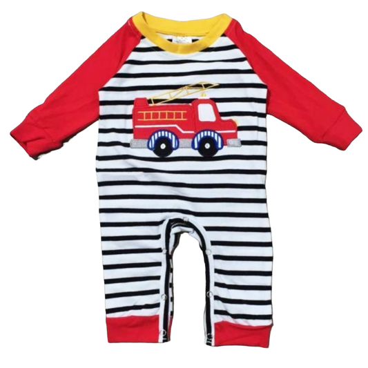 K102 Boys Red Firetruck Long sleep Striped Romper