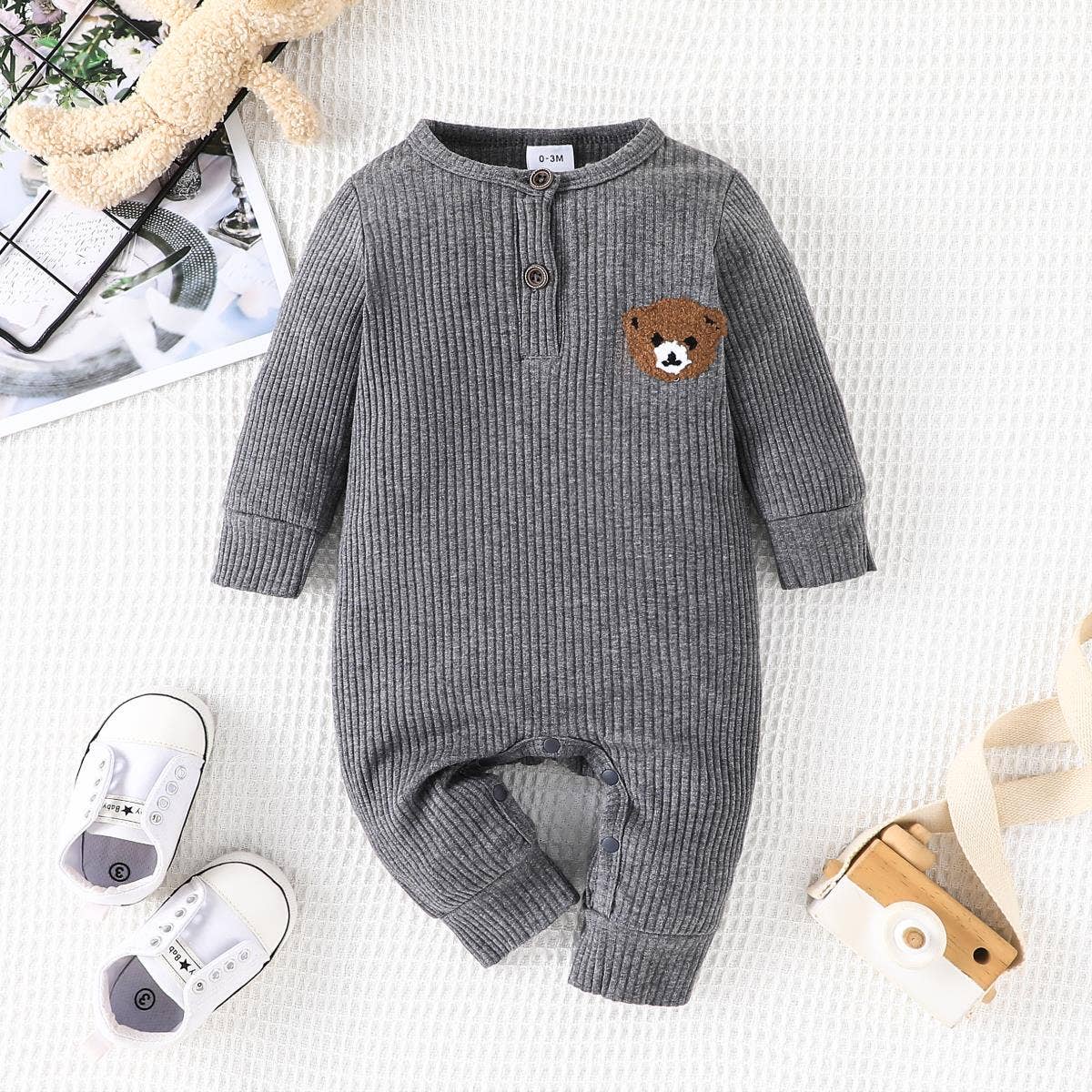 K124 Boy Bear Embroidered Jumpsuit