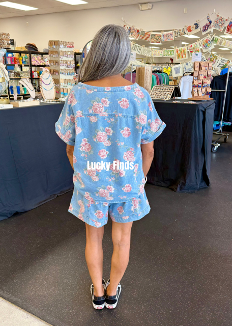 Dancing Floral Denim Shorts Set D1727