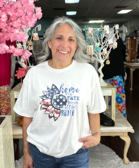 Red white and store blue sunflower shirt