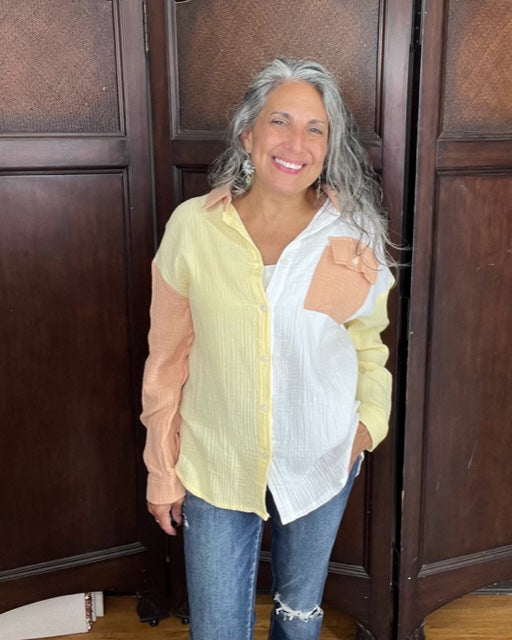 Button Down to Play Color Block Shirt D777