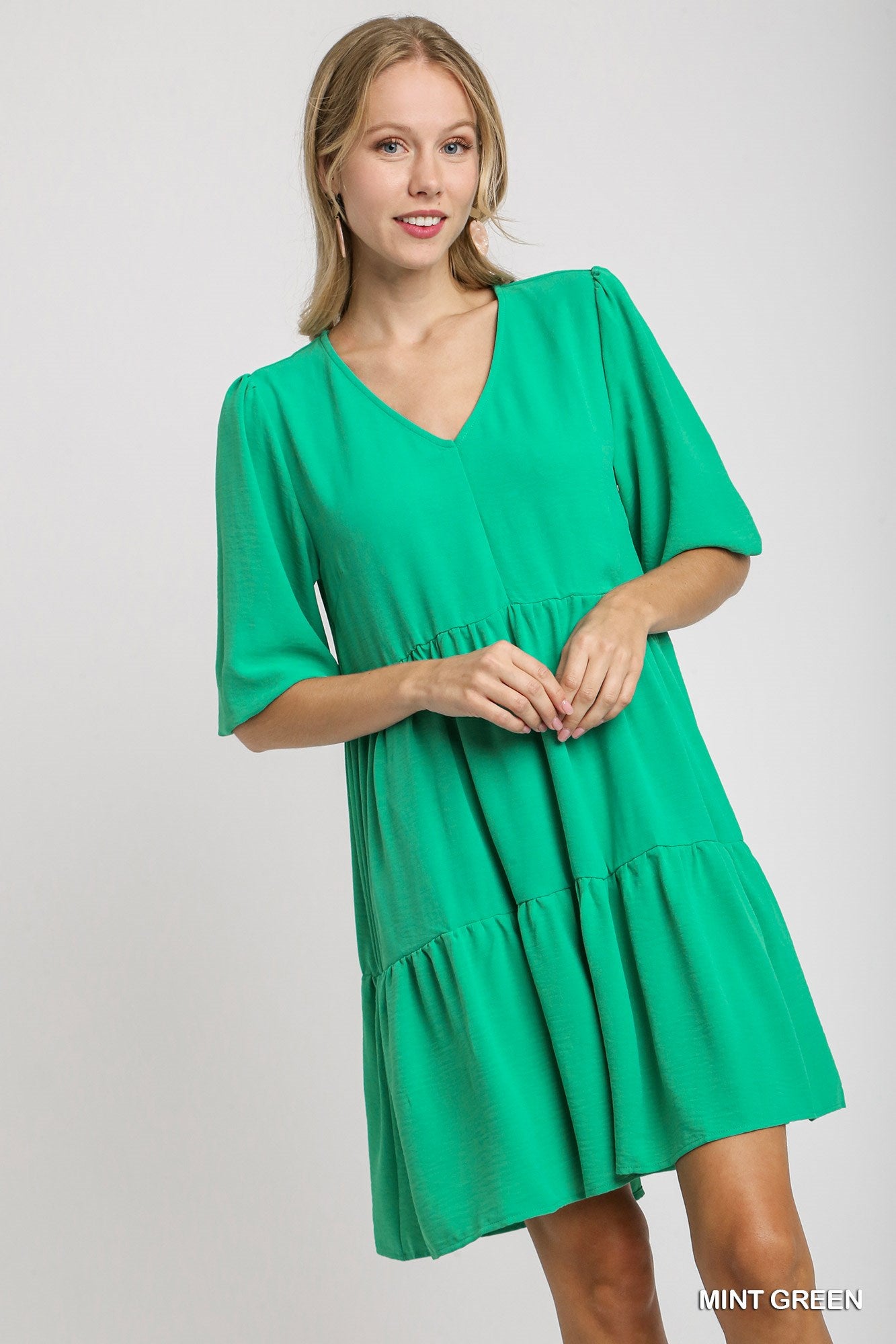 Umgee V-Neck Tiered Dress with 3/4 Sleeve in Mint Green S Umgee V-Neck Tiered Dress with 3/4 Sleeve in Mint Green S