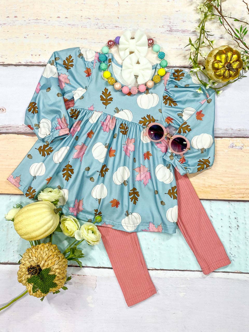 K159 Pumpkins Leaves Pink Pants Set