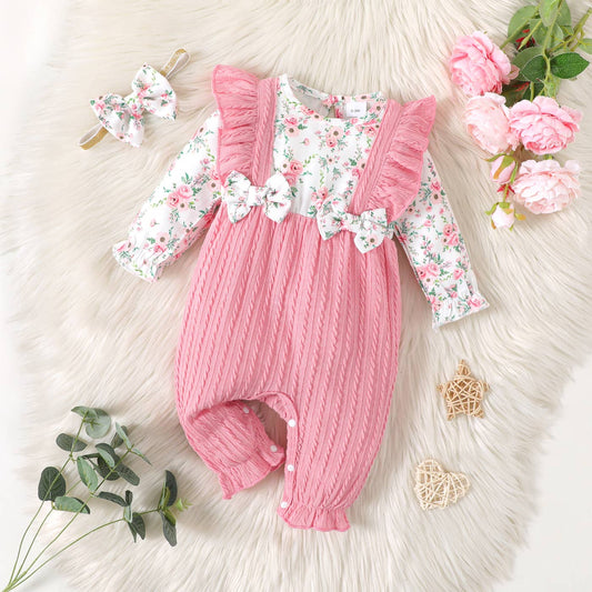 K120 Girl Spliced Jumpsuit/Headband Set