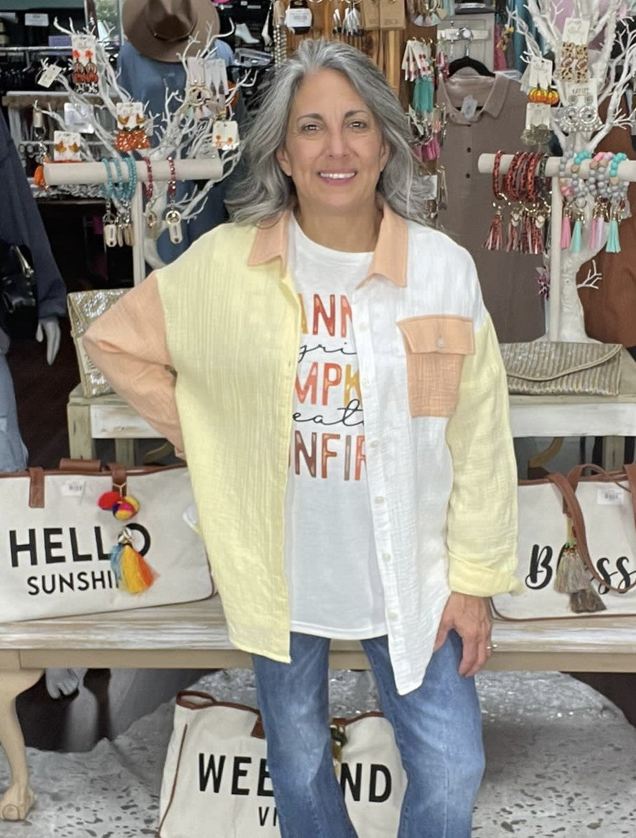 Button Down to Play Color Block Shirt D777
