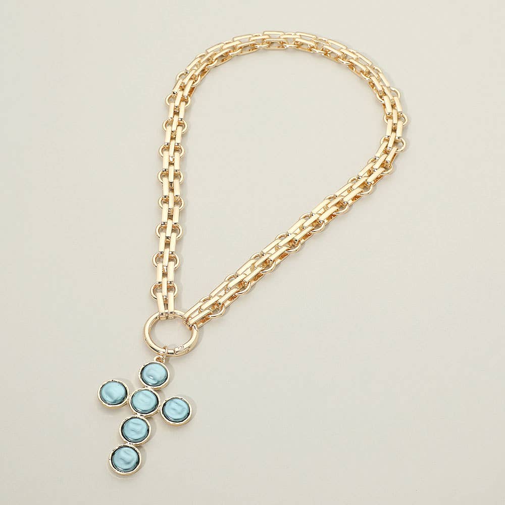 Pearl Cross Charm Pendant Chunky Chain Statement Necklace