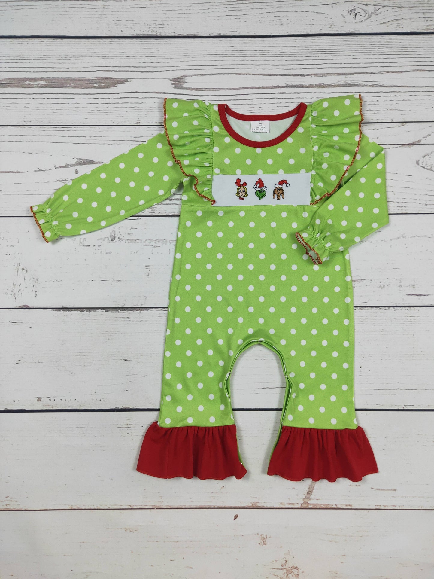 K196 Polka Dots Character Appliqué Christmas Romper