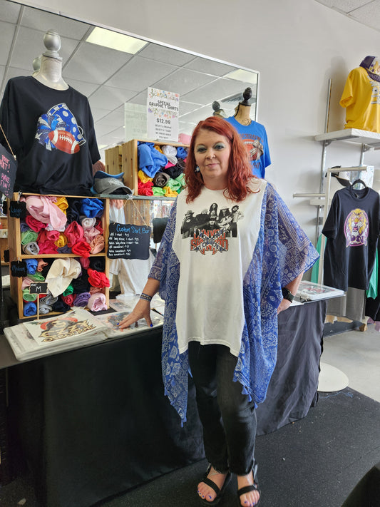 Upcycled Poncho Style Rock & Roll TShirt LS