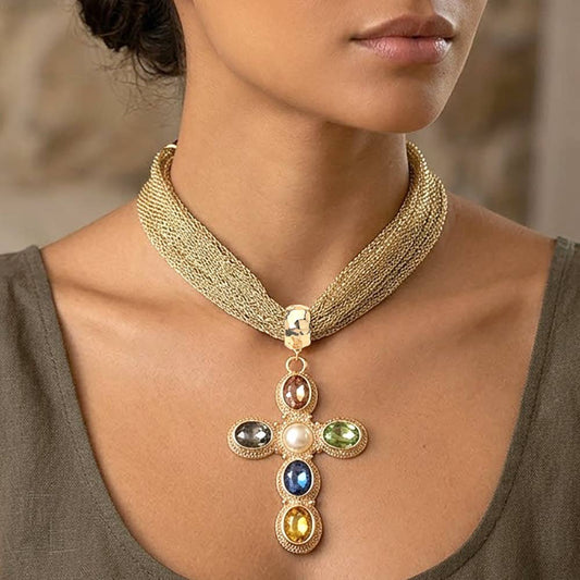 Pearl Center Oval Stone Embellished Cross Pendant Accent Mesh Chain Statement Necklace
