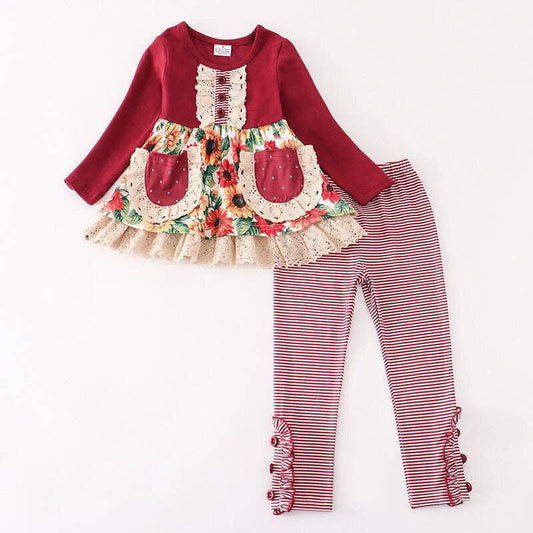 K105 Girls Boutique Outfit Burgundy Ruffle Tunic & Stripe