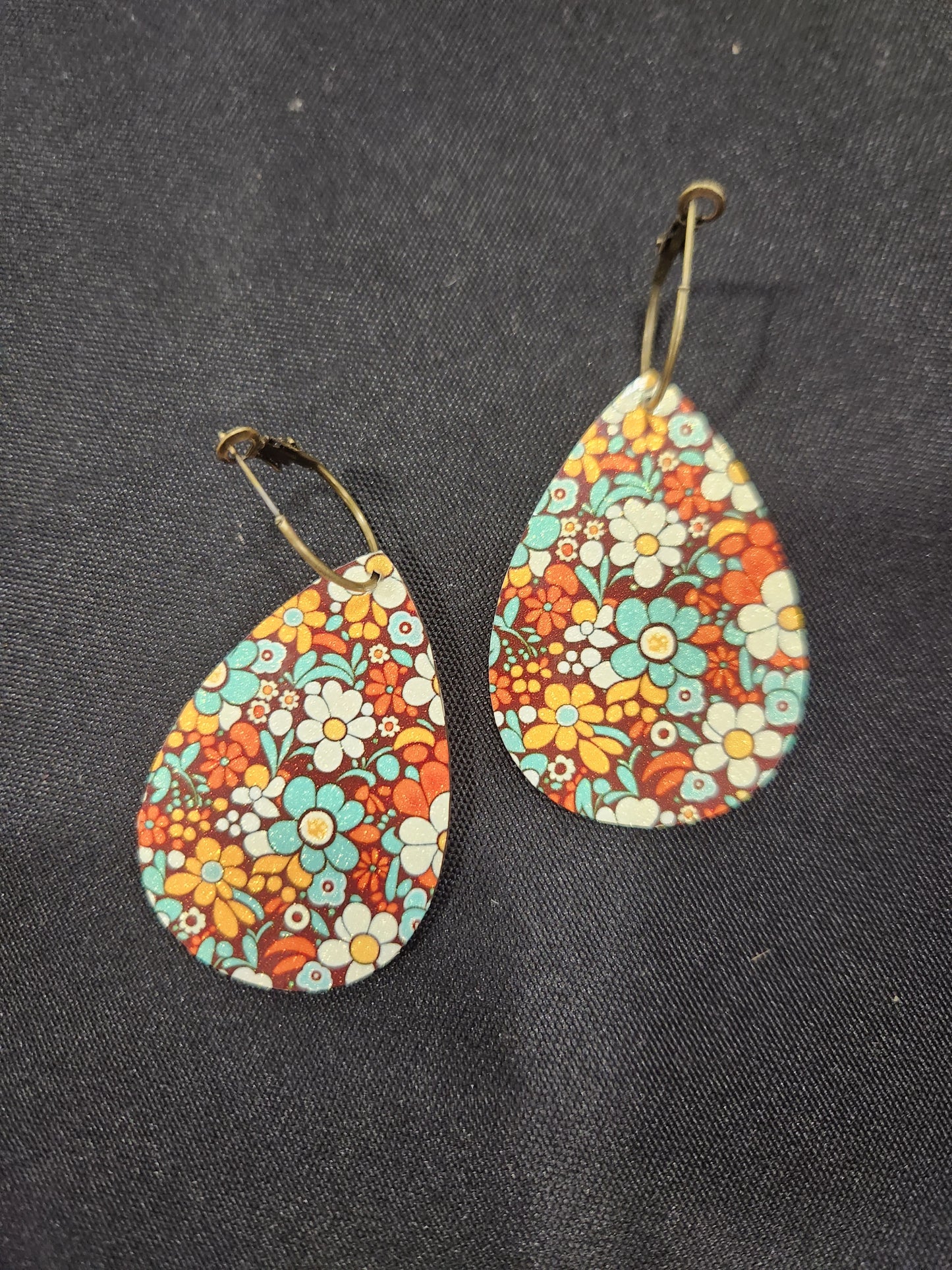 Fall Floral print teardrop earrings lightweight with brass hoops JN705