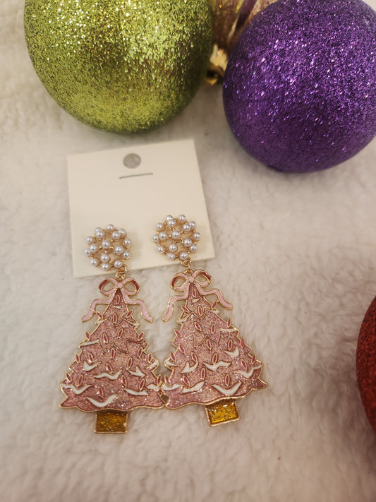 Christmas Tree Pink & Pearl Earrings JC22