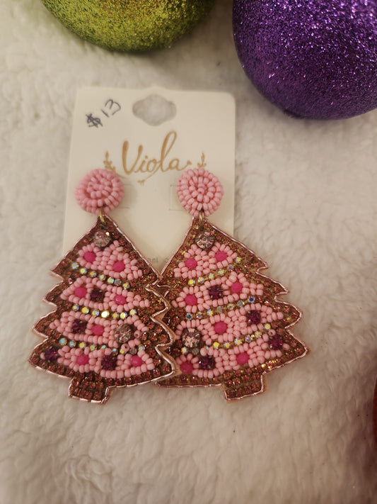 Sparkle Pink Christmas Trees Earrings JC30