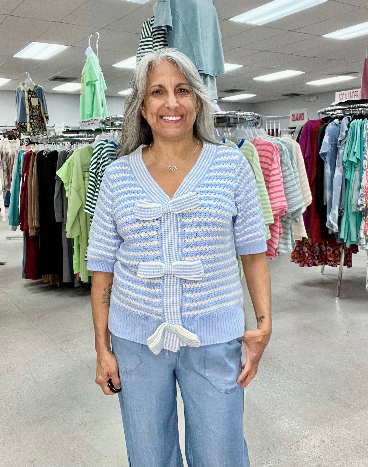 Smiling Stripe Bow Knit Top D1685