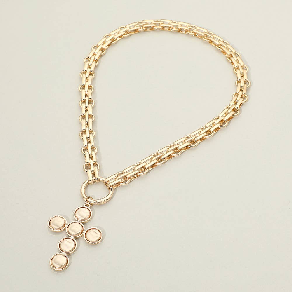 Pearl Cross Charm Pendant Chunky Chain Statement Necklace