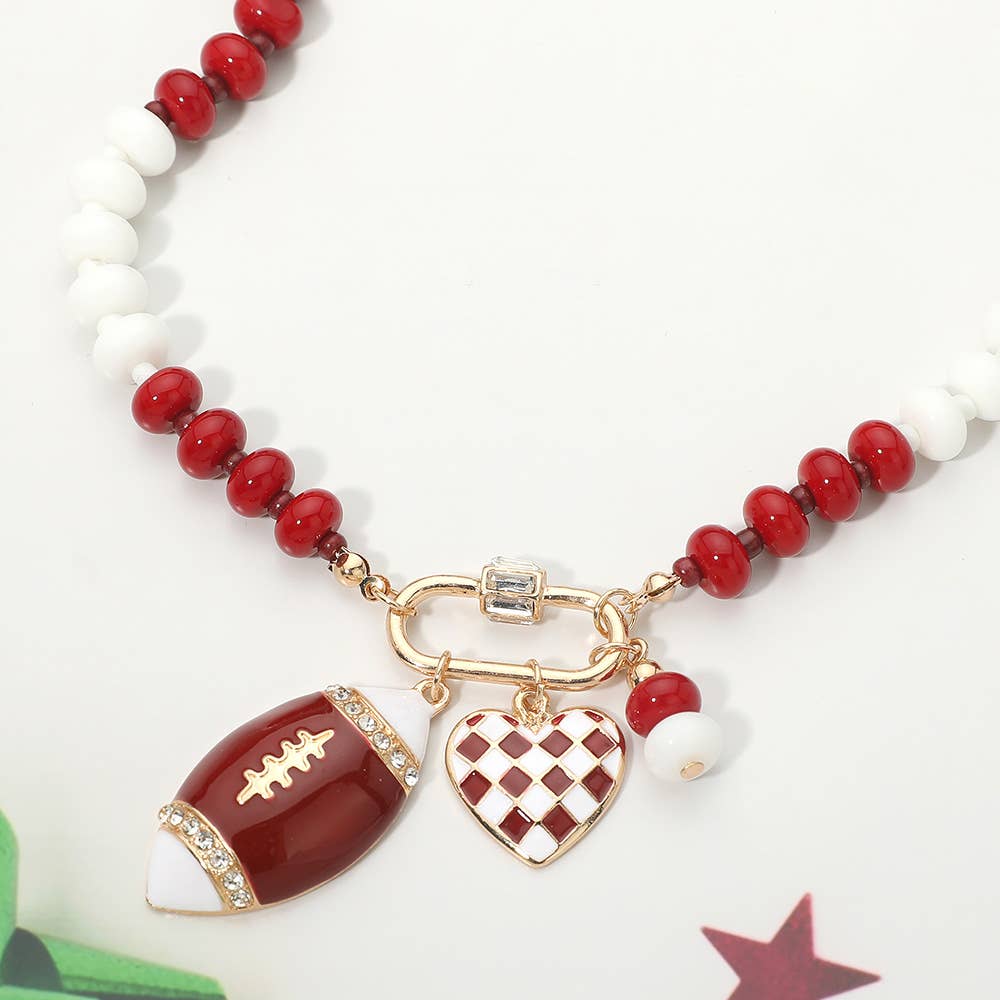 Gameday Football Heart Charm Carabiner Pendant Beaded Necklace