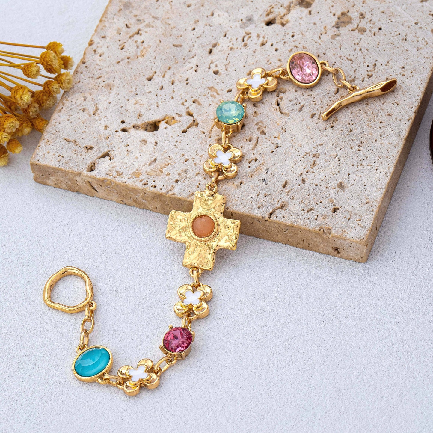 Floral Cross & Gemstone Charm Bracelet