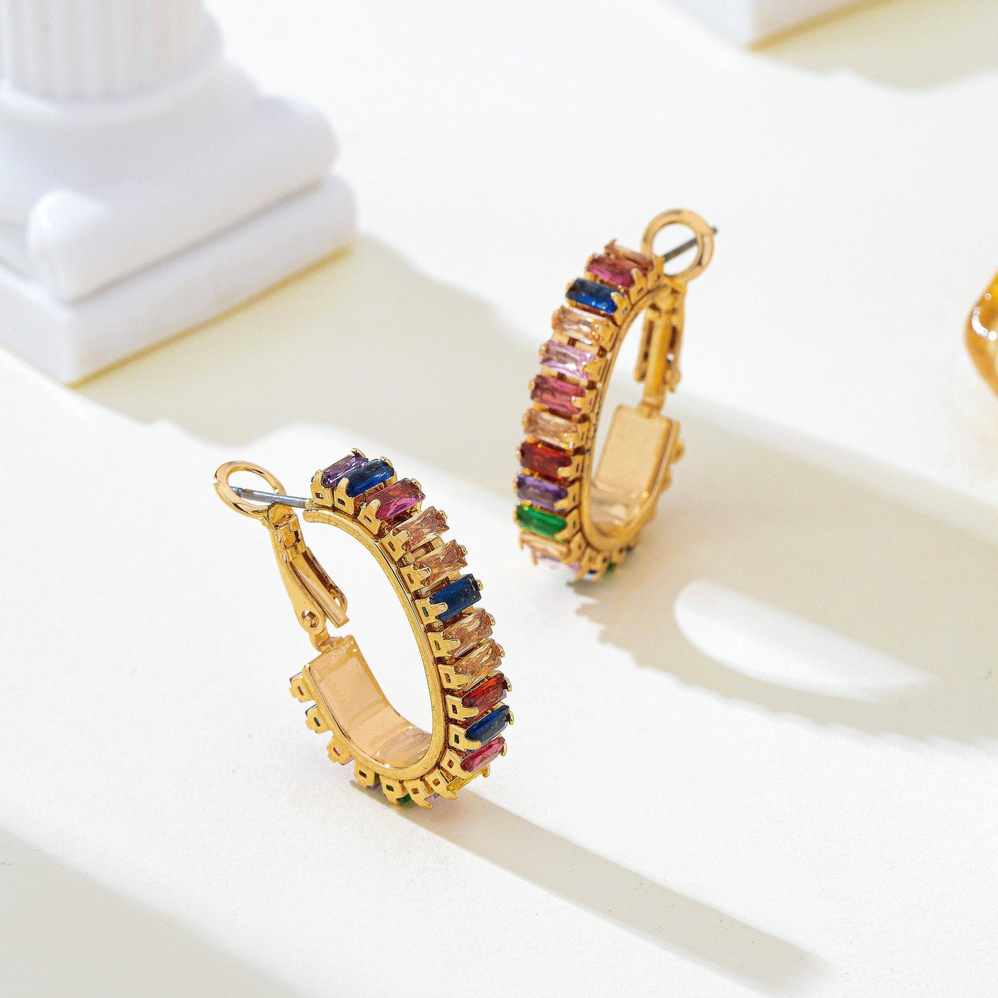 Multicolor Baguette Crystal Hoop Earrings