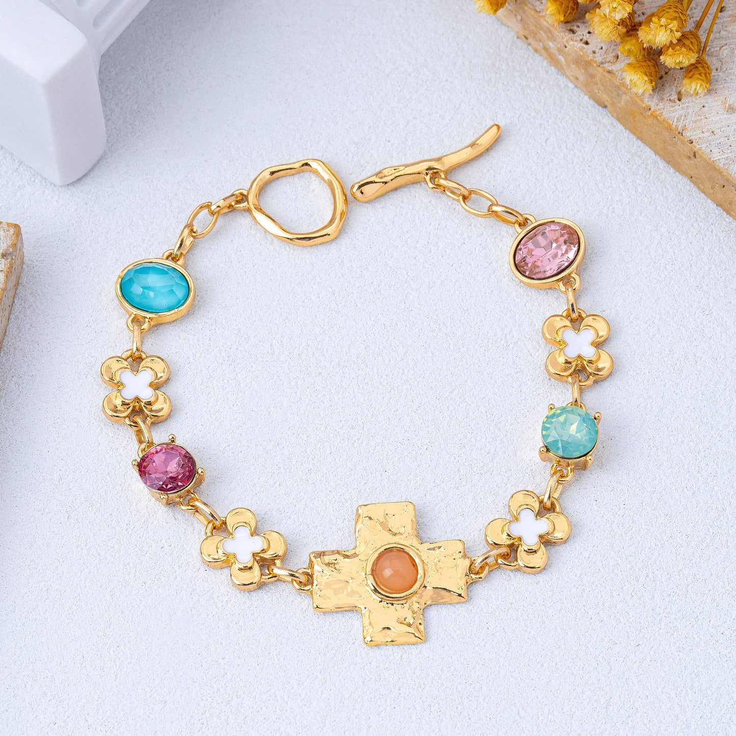 Floral Cross & Gemstone Charm Bracelet