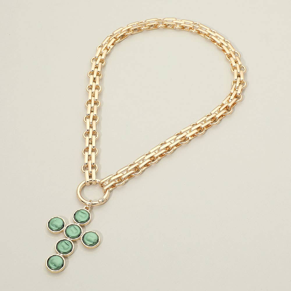 Pearl Cross Charm Pendant Chunky Chain Statement Necklace