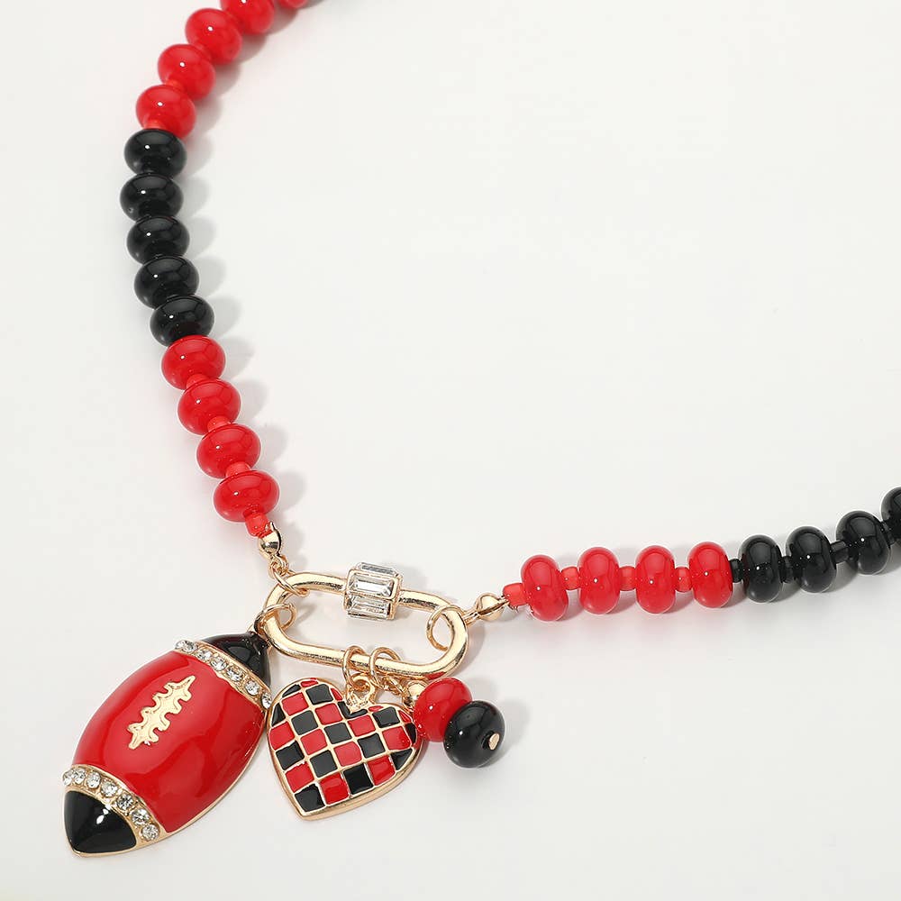 Gameday Football Heart Charm Carabiner Pendant Beaded Necklace