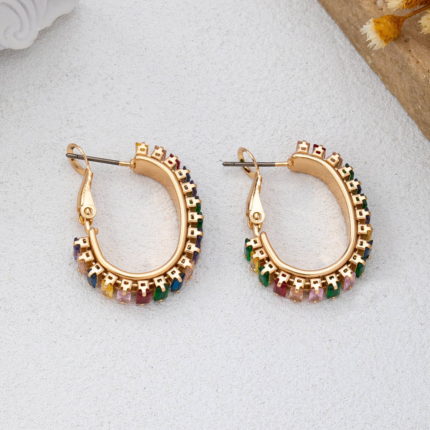 Multicolor Baguette Crystal Hoop Earrings
