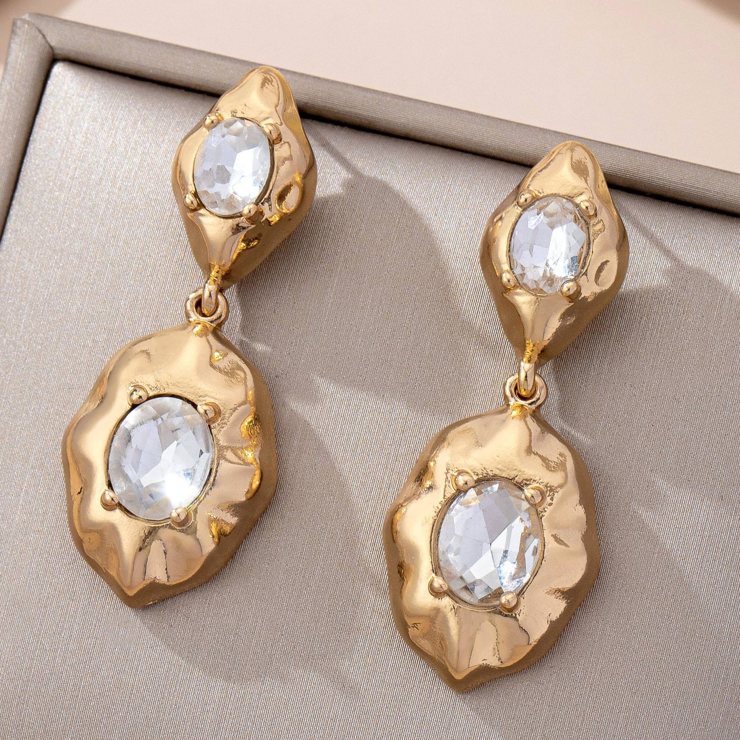 Hammered Gold & Crystal Drop Earrings