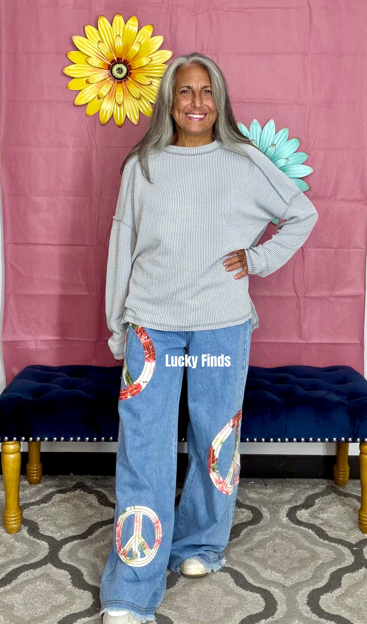 Floral Peace Patch Wide Leg Jeans D1738
