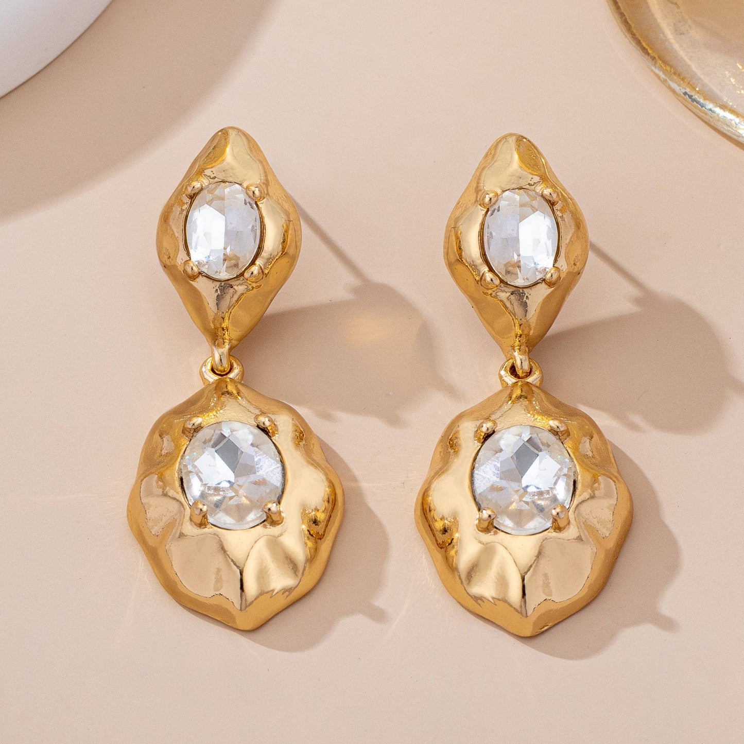 Hammered Gold & Crystal Drop Earrings