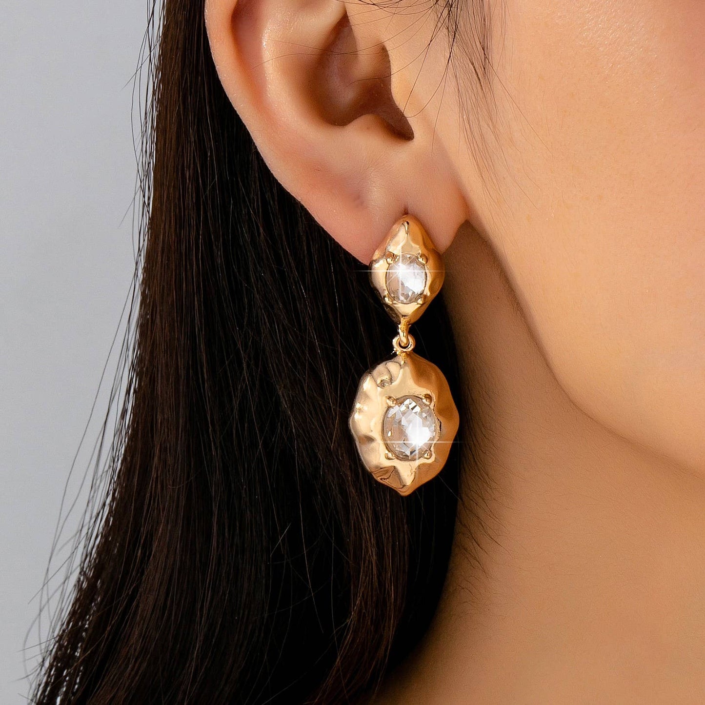 Hammered Gold & Crystal Drop Earrings