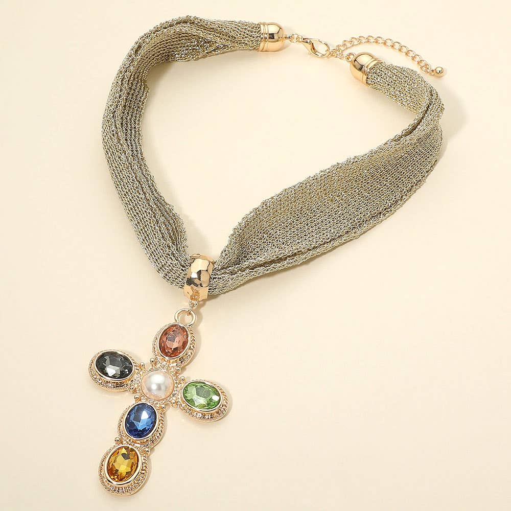 Pearl Center Oval Stone Embellished Cross Pendant Accent Mesh Chain Statement Necklace