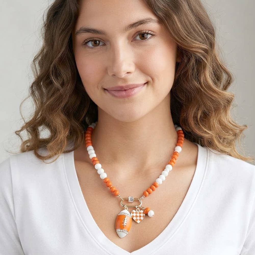 Gameday Football Heart Charm Carabiner Pendant Beaded Necklace