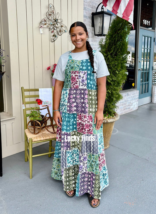 Boho Print Patchwork Overall Dress A304