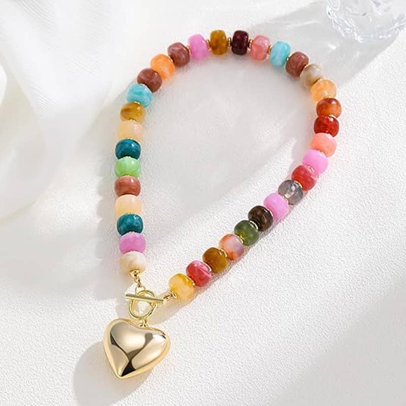 MULTI BEADED HEART CHARM TOGGLE NECKLACE