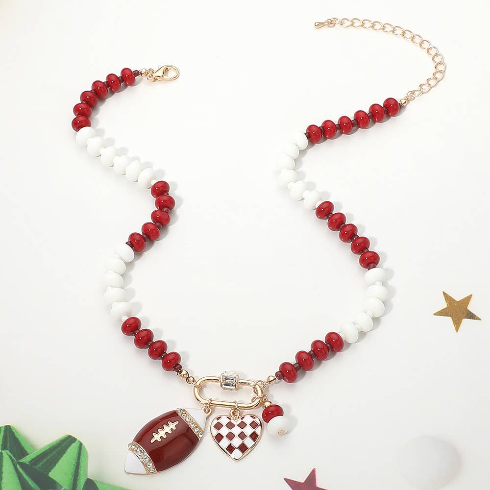Gameday Football Heart Charm Carabiner Pendant Beaded Necklace