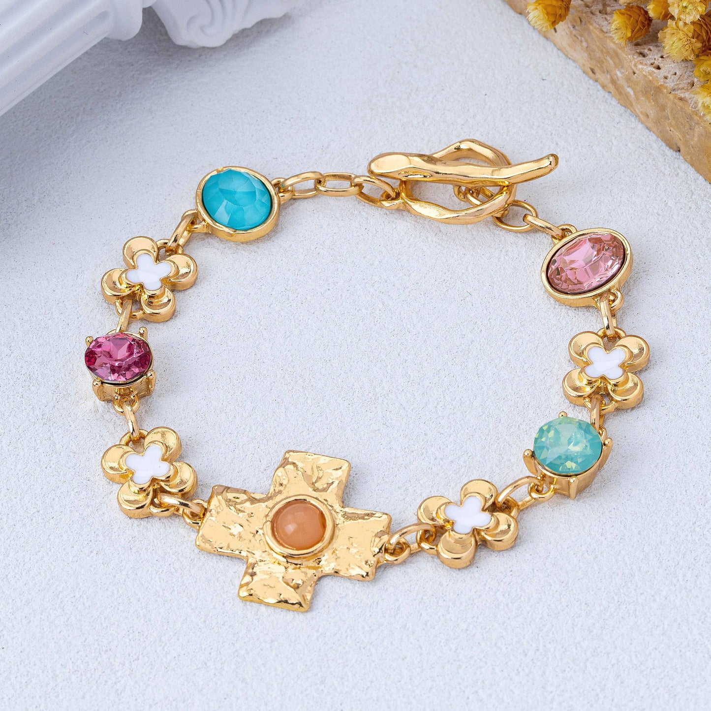 Floral Cross & Gemstone Charm Bracelet