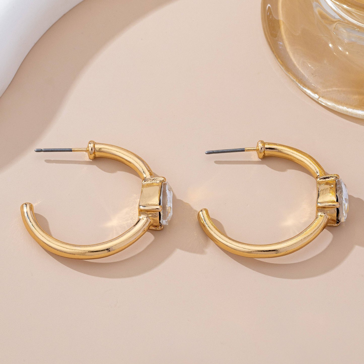Solitaire Crystal Gold Hoop Earrings