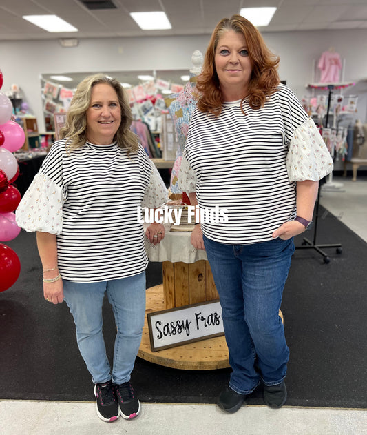 Fancy Stripe Puff Sleeves Top D1682