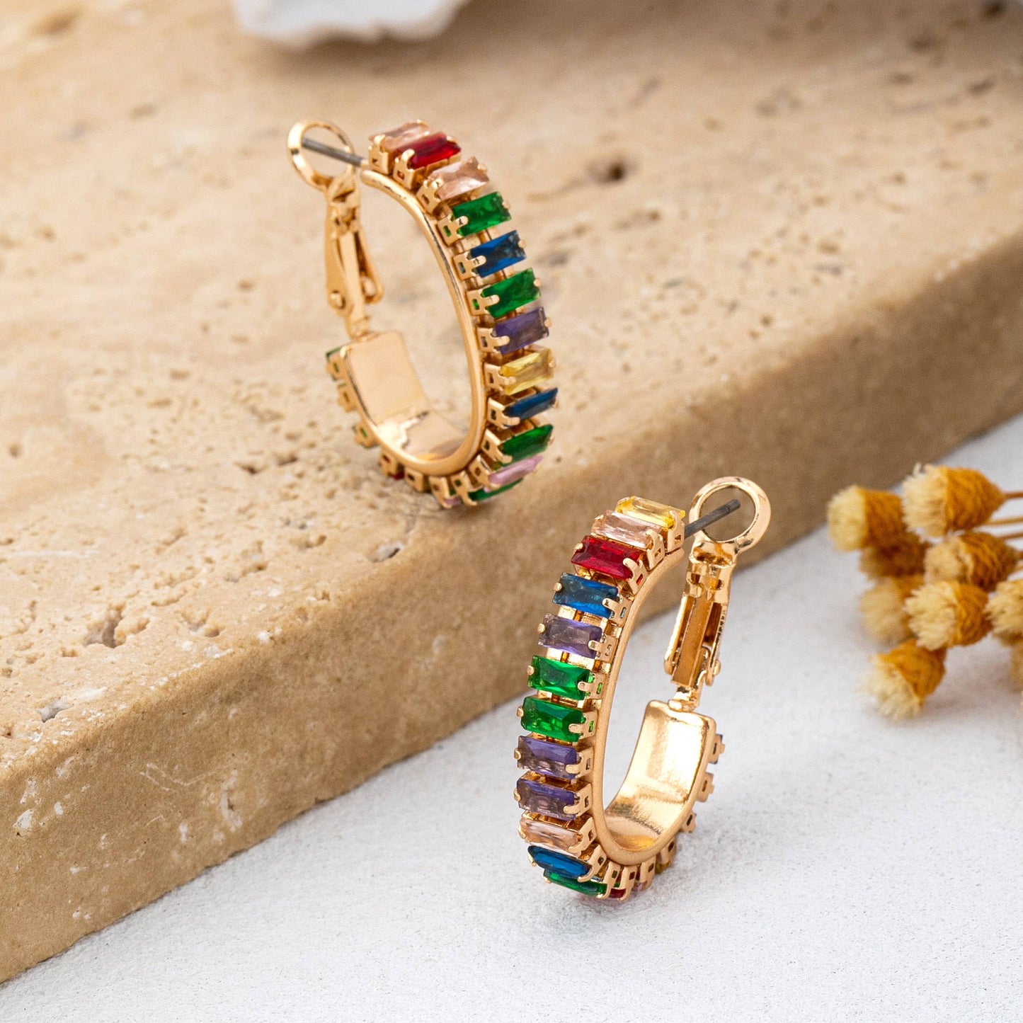 Multicolor Baguette Crystal Hoop Earrings