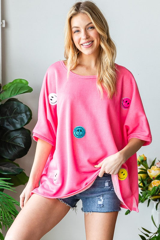 Smiley Sequin Patches Top 8457