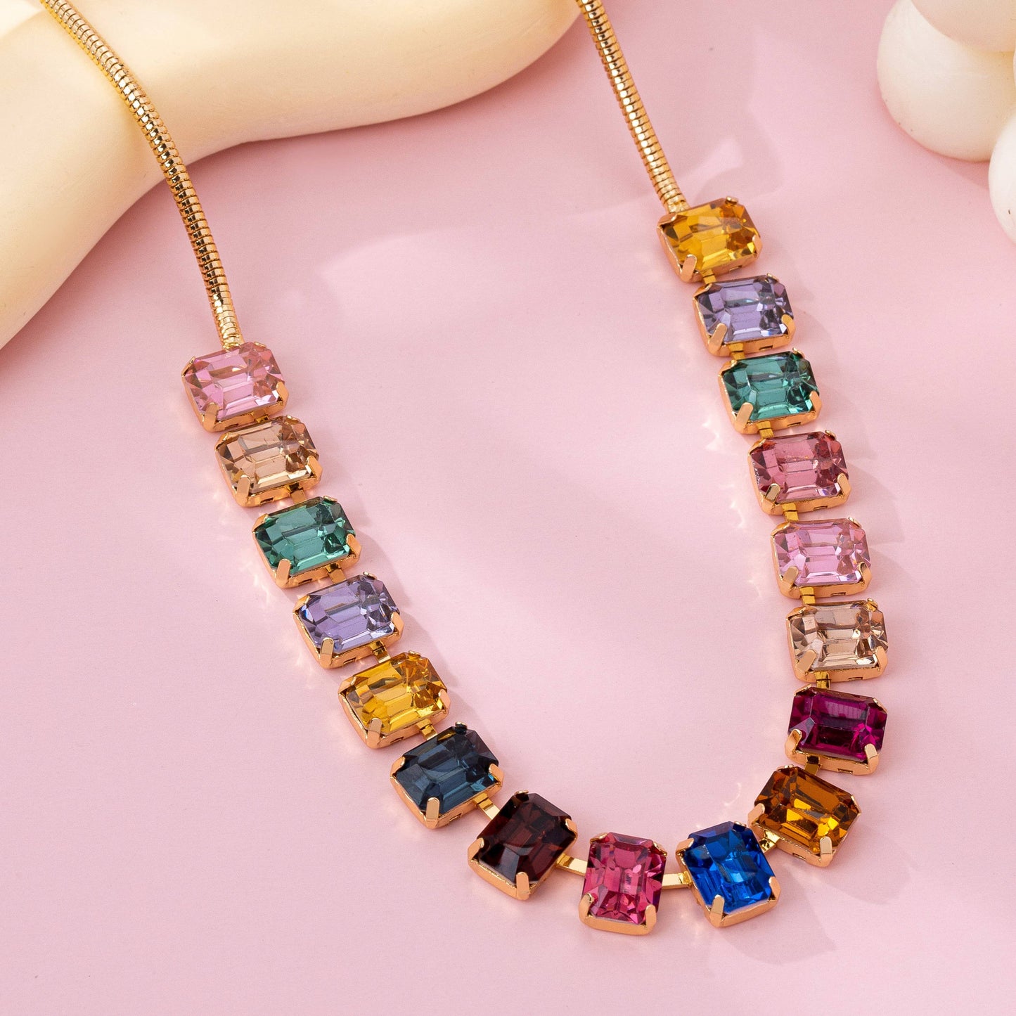 Rainbow Emerald-Cut Gemstone Statement Necklace