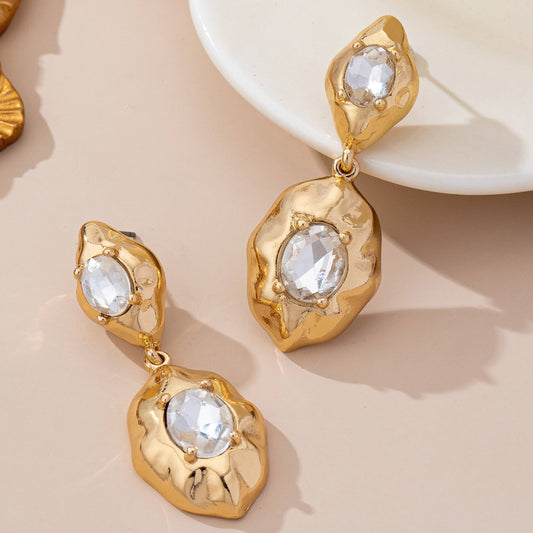 Hammered Gold & Crystal Drop Earrings