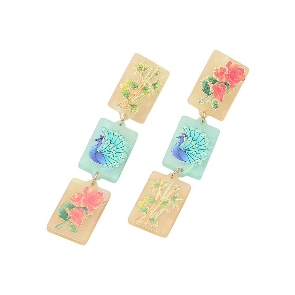 Triple Mahjong Tile Link Drop Earrings