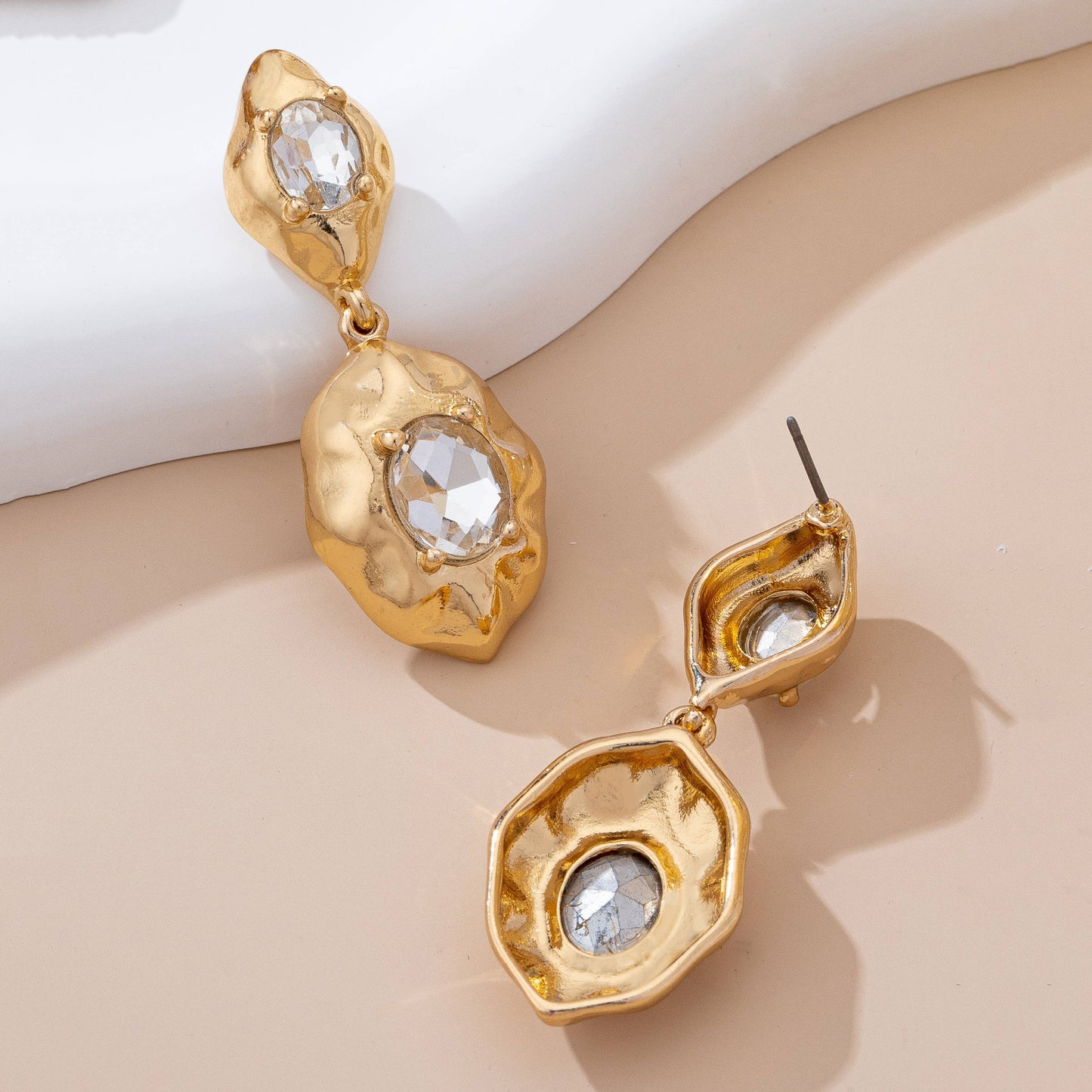 Hammered Gold & Crystal Drop Earrings