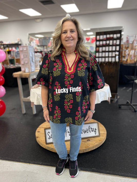 Black & Red Floral Top D1680