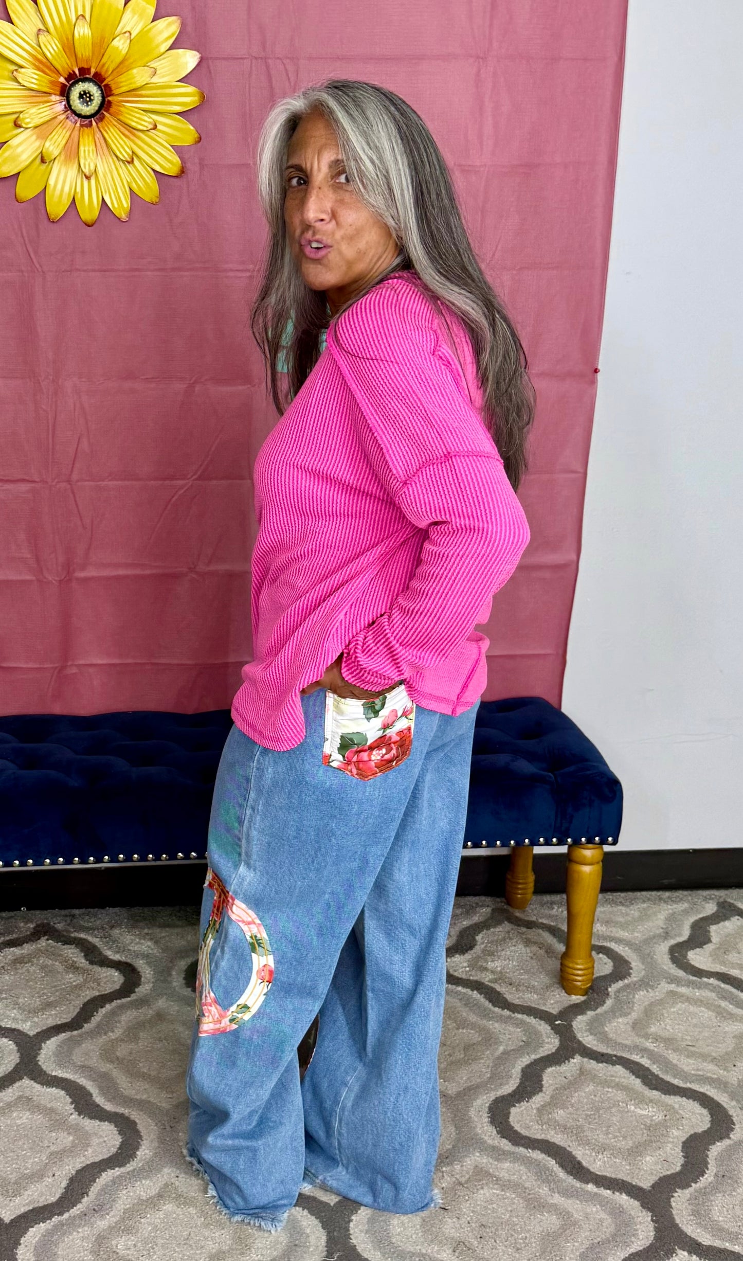 Floral Peace Patch Wide Leg Jeans D1738