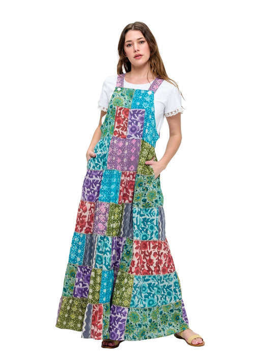 Boho Print Patchwork Overall Dress A304